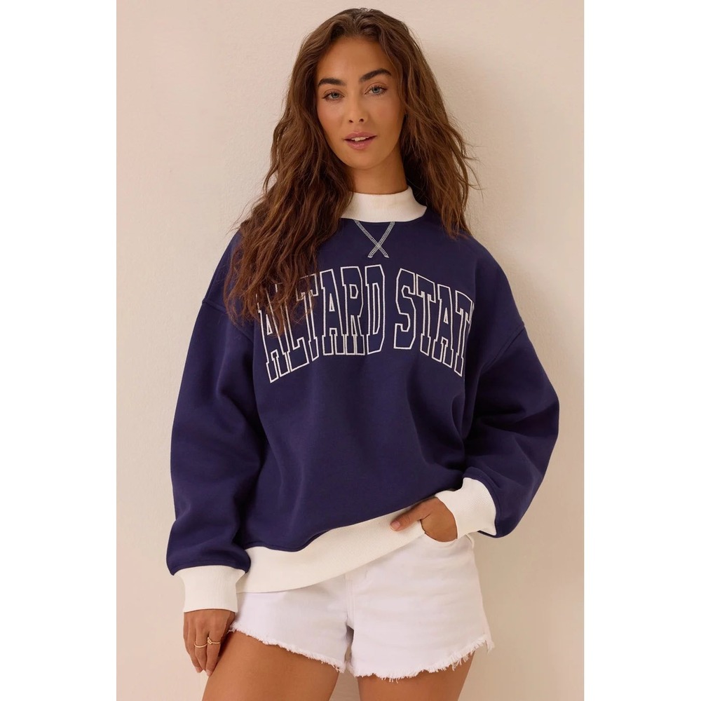 Altar'd State Navy Blue Collegiate Embroidered Mock Neck Sweatshirt Size XS New